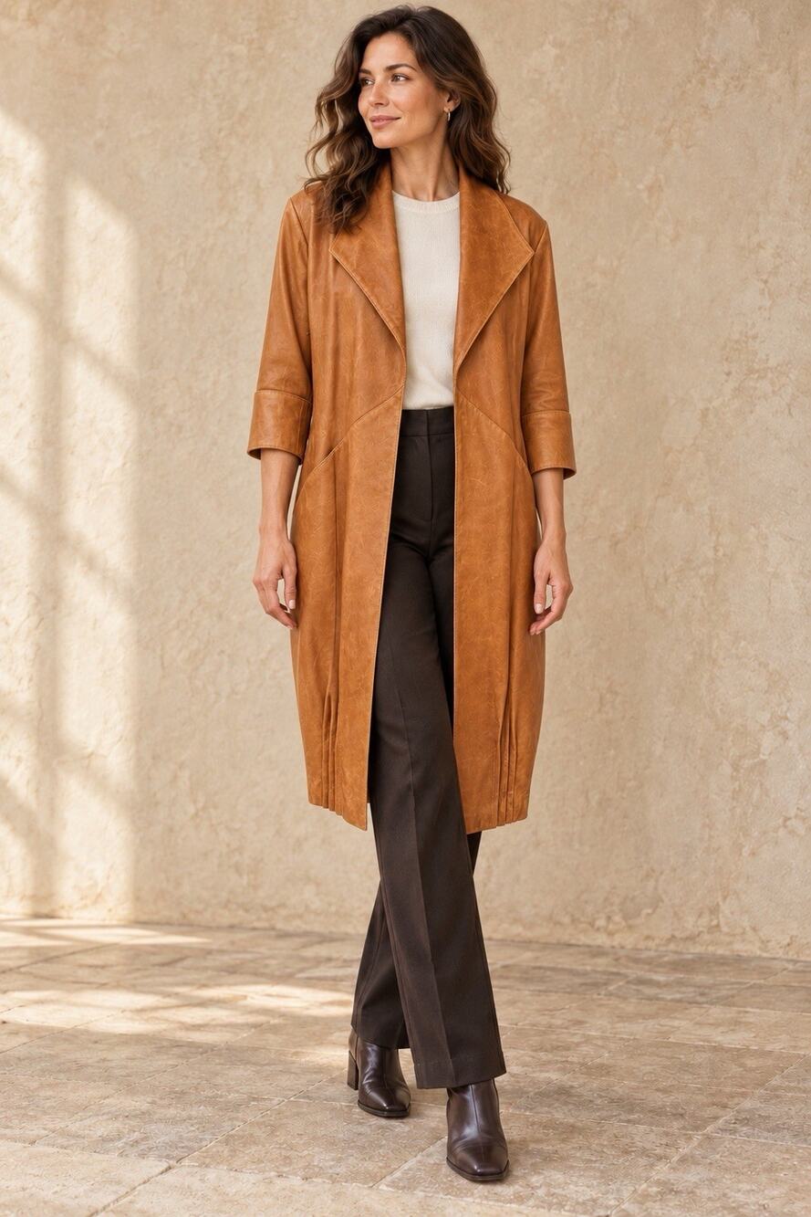Jenni Kayne Tan Leather Duster Coat Longline Cinched Hem Sz 10 Quiet Luxury READ